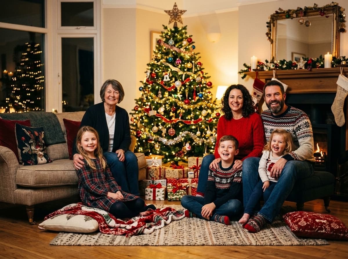 Family in festive knitwear by a lit Christmas tree with wrapped presents
