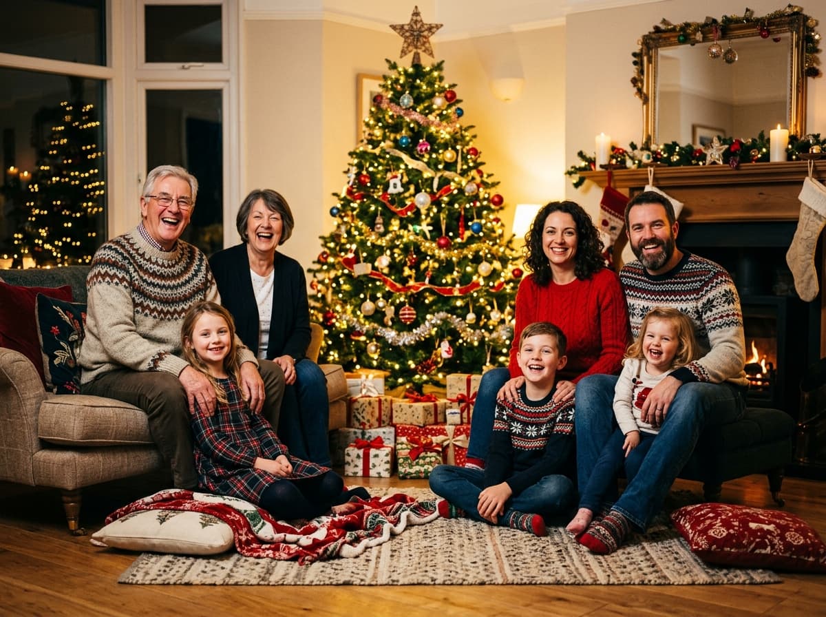 Family of seven gathered by a decorated Christmas tree in one Christmas family photo